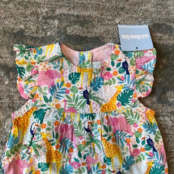 JoJo Maman Bebe Pretty Ruffle Shoulder Sunsuit Tropical Animals 0-3 Months NWT - Picture 2 of 9